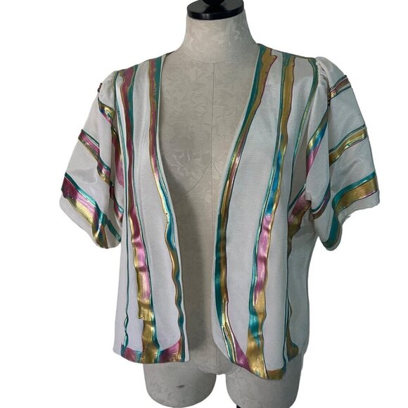 Terry Toni Vintage Womens Jacket Size Medium White Hand Painted Short Sleeve